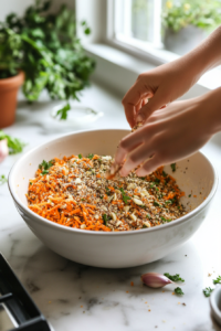 Mixing Nut Crumbs, Grated Vegetables, and Seasonings