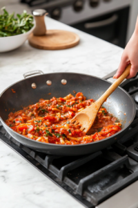 Mixing Sauces Cream and Parmesan Cheese into Cajun Chicken Pasta