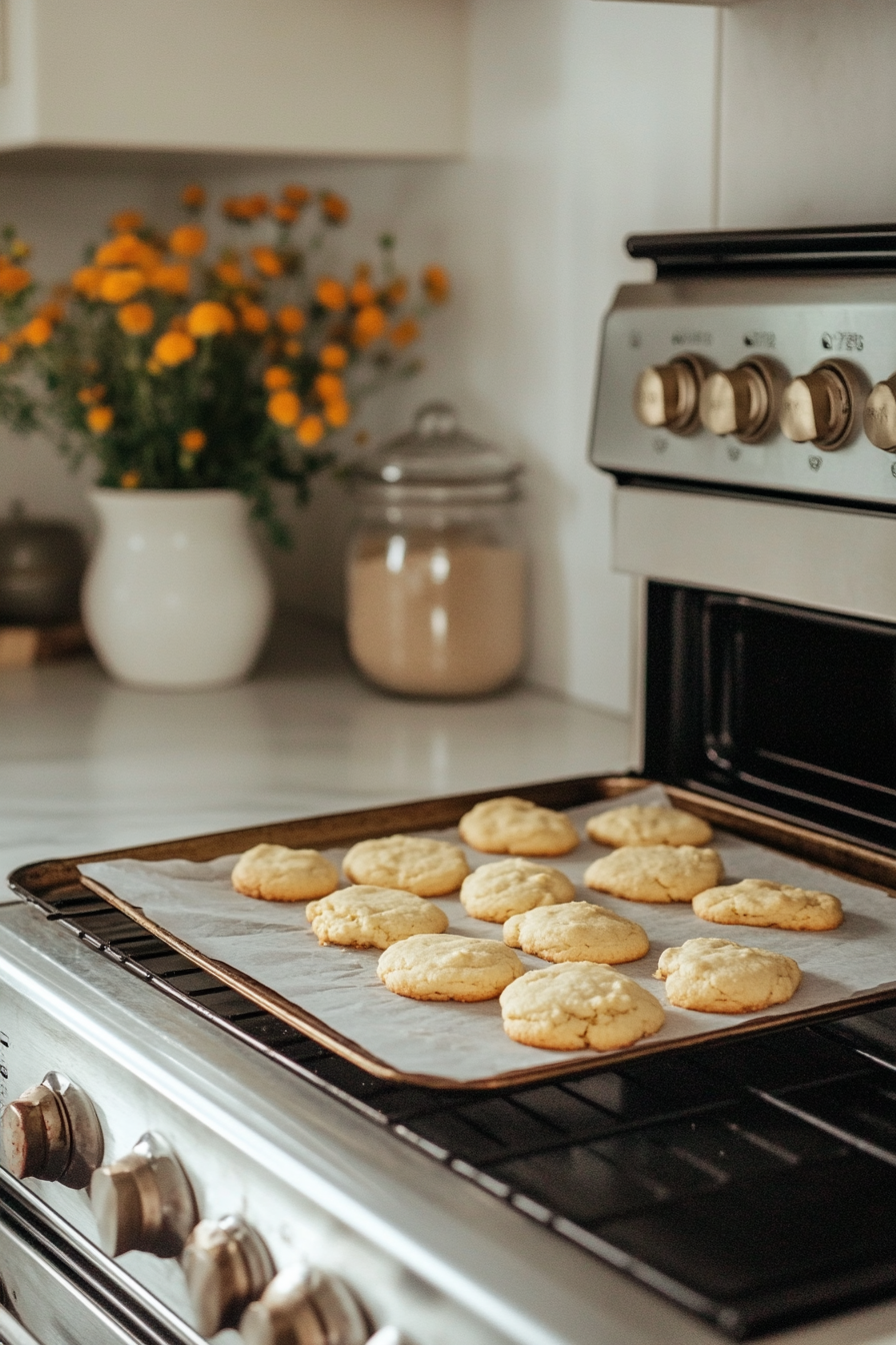 Oven preheating to 375°F with a baking sheet lined with parchment paper, ready for brown butter chai oatmeal walnut cookies.