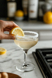 Preparing a Coupe Glass with Lemon Wedge and Caster Sugar Rim for a Spiced Cognac Cocktail