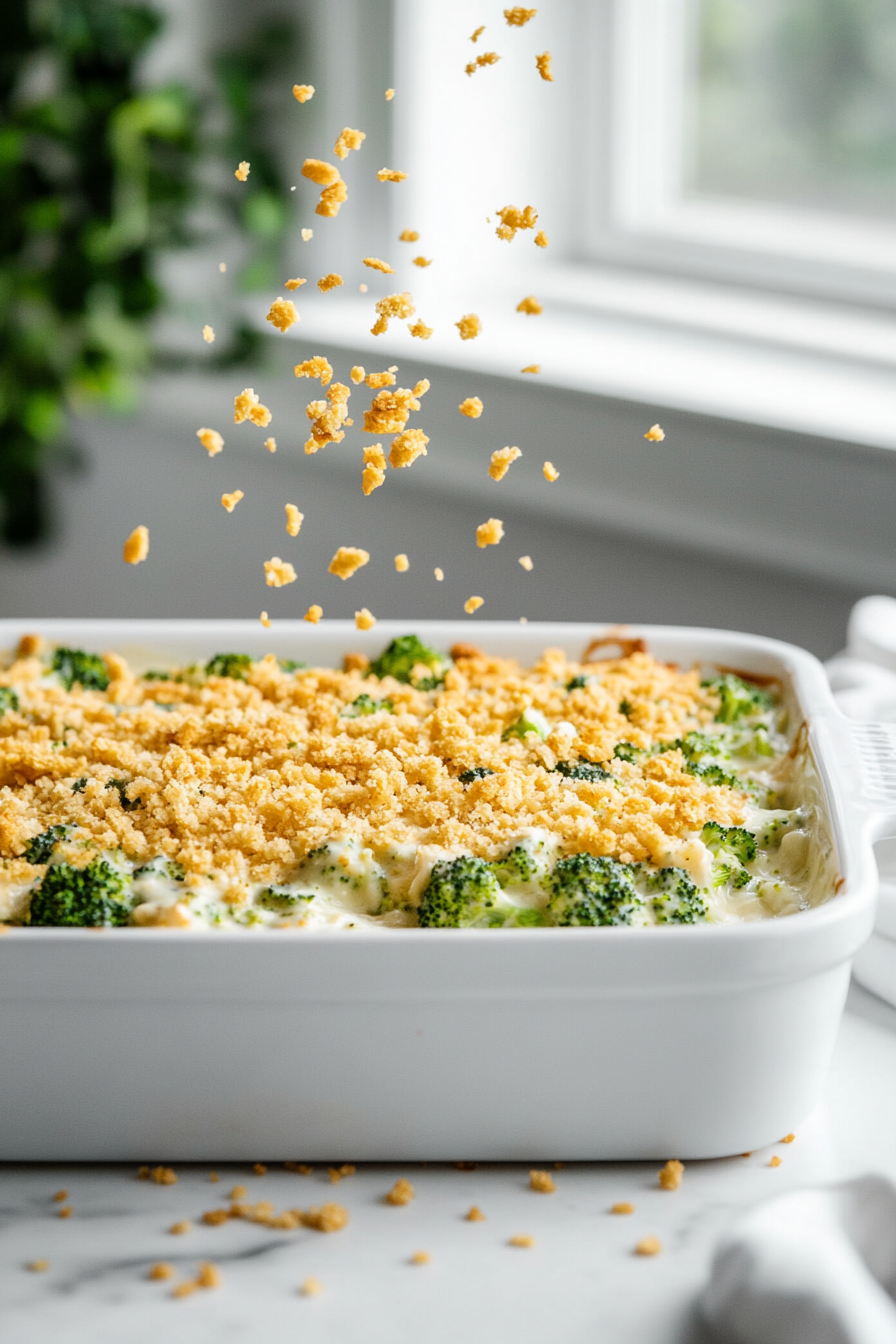 Sprinkle the cracker topping over the casserole.