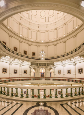 Texas State Capitol building with detailed architecture A detailed view of the Texas State Capitol, showcasing its grand architecture and dome. The building is surrounded by lush gardens, representing the state's governance and history.