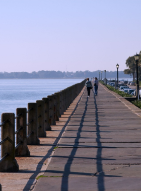 Walking_in_Charleston.jpg A serene walking path in Charleston, lined with trees and historic buildings. People stroll leisurely along the path, showcasing the city’s pedestrian-friendly design and inviting atmosphere for exploration.