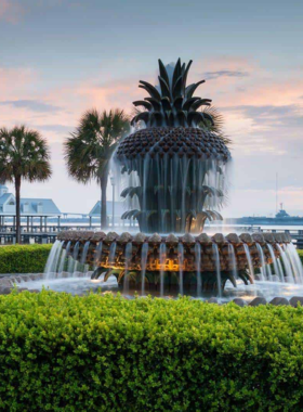 Waterfront_Park_Charleston.jpg A scenic view of Waterfront Park in Charleston, featuring lush green lawns and charming pathways. Visitors can be seen relaxing on benches, enjoying the picturesque setting with fountains and views of the harbor in the background.