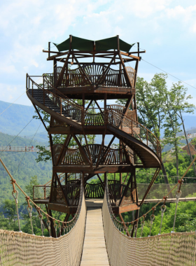 Gatlinburg Tower Portrait A majestic portrait of Gatlinburg Tower, showcasing its impressive structure against a clear blue sky. The tower is surrounded by greenery, embodying the scenic beauty of the Smoky Mountains.