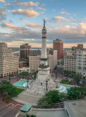 Soldiers and Sailors Monument on Monument Circle This image shows the Soldiers and Sailors Monument with its towering statue, fountains, and surrounding city buildings."