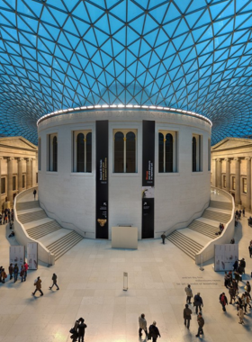 Dive into History at the British Museum This image shows the British Museum’s grand entrance, famous for its vast historical artifacts collection.
