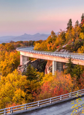 Blue Ridge Parkway Scenic Views "This image shows a breathtaking view from the Blue Ridge Parkway, with rolling mountains, dense forests, and a clear blue sky."