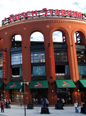 8. Busch Stadium Cardinals Game Image "This image shows Busch Stadium during a lively Cardinals game, with fans filling the seats and the field ready for play. The stadium atmosphere is full of excitement, making it a must-visit spot for sports enthusiasts and baseball fans."