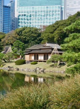 hamarikyu-gardens-peaceful-landscape.jpg This image shows the tranquil Hamarikyu Gardens in Tokyo, featuring lush greenery, peaceful ponds, and traditional Japanese garden design. Visitors enjoy the calm atmosphere as they walk along the stone paths, surrounded by nature, offering a relaxing escape from the city's hustle and bustle.