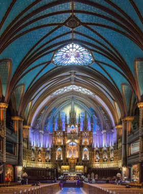 Notre-Dame Basilica Interior This image shows the stunning interior of Notre-Dame Basilica, with its beautiful stained glass windows and intricate Gothic architecture, symbolizing Montreal’s religious heritage.