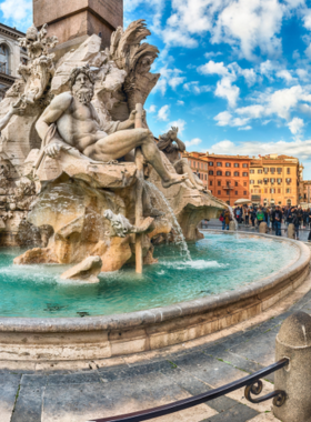 Experience Piazza Navona This image shows Piazza Navona, a vibrant Baroque square in Rome featuring fountains, cafes, and lively street performances.