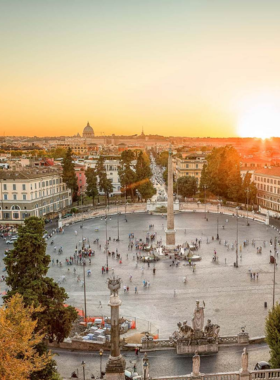 Piazza del Popolo This image shows Piazza del Popolo, a lively Roman square with twin churches, fountains, and the iconic Flaminian Obelisk surrounded by bustling activity.