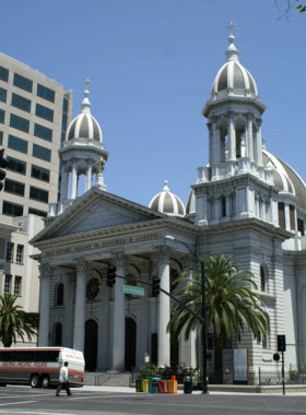 cathedral-basilica-st-joseph-architecture "This image shows the Cathedral Basilica of St. Joseph in San Jose, highlighting its majestic architecture with a beautiful dome and stained-glass windows, offering visitors a serene space for reflection and worship."