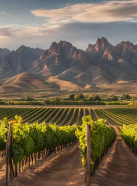 Sedona-Vineyard-Wine-Tasting This image shows a scenic Sedona vineyard, with guests enjoying a wine-tasting session amid rolling hills and majestic red rock formations under the warm Arizona sun.