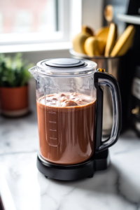 blending hot chocolate cocktail in electric blender for creamy drink