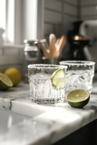 coconut mint rum cocktail glass preparation with sugared rim