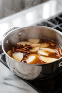 hot spiced cider bourbon simmering on stovetop