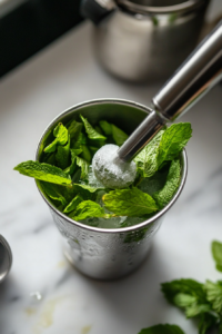muddling fresh mint with simple syrup for coconut mint rum cocktail