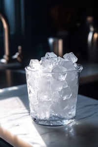 placing ice cubes into blender for hot chocolate cocktail