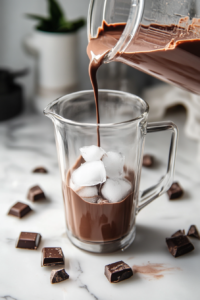 pouring hot chocolate cocktail mixture into blender with ice ready to blend