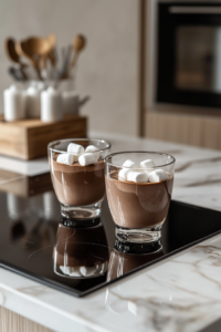 serving hot chocolate cocktail in glass topped with marshmallows
