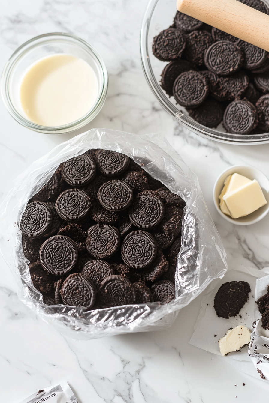 Crushing Oreos for the Crust of Oreo Crust Cheesecake