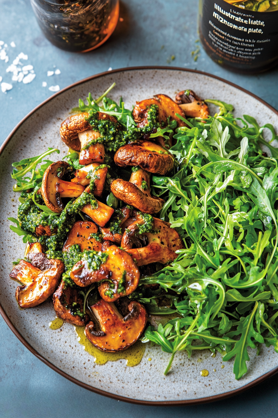 Fresh Pickled Dressing Made with Red Wine Vinegar, Pickled Onions, Chopped Red Chilli, and Cornichons for Mushrooms