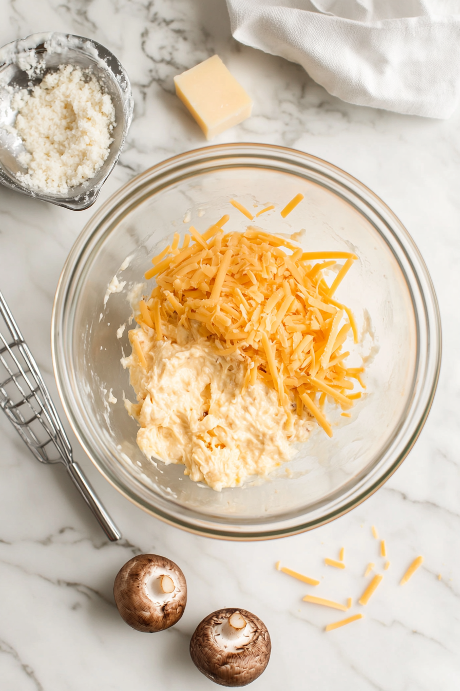 Grilled Mushrooms Stuffed with Cheddar, Soft Cheese, Mustard, and Worcestershire Sauce Topped with Pickled Dressing and Rocket