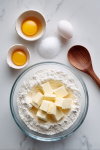 Mix flour, butter, salt, sugar, egg, and milk until dough forms.
