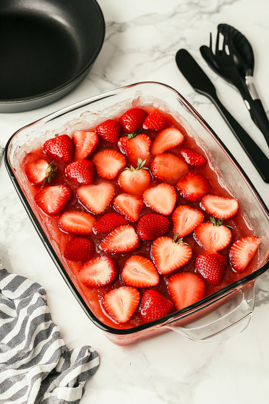 Pouring the Strawberry Gelatin Over Cream Cheese Layer