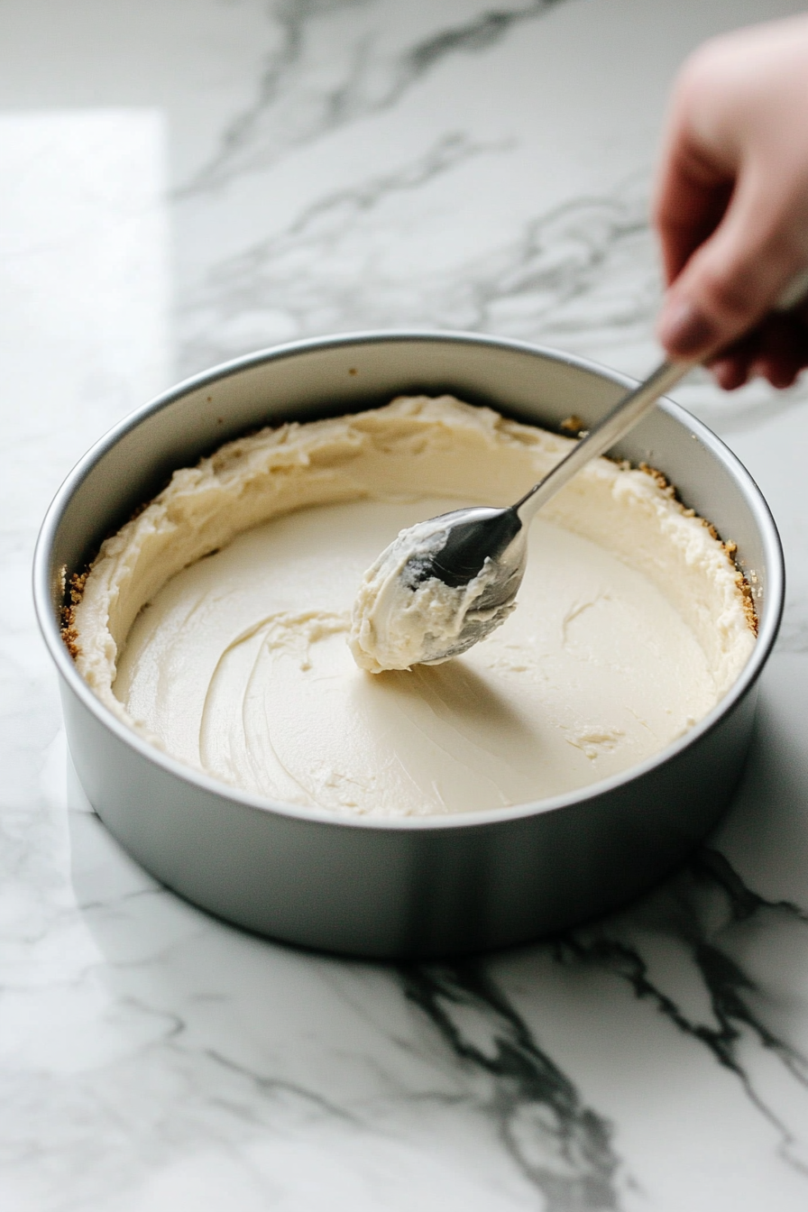 Pressing the Crust Into the Pan for Oreo Crust Cheesecake