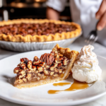 Serving Slices of Delicious Pecan Pie with Whipped Cream or Vanilla Ice Cream