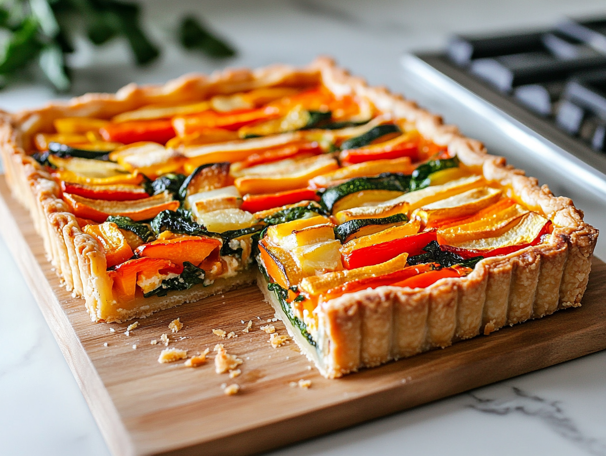 flipping cooling and cutting roasted vegetable tart