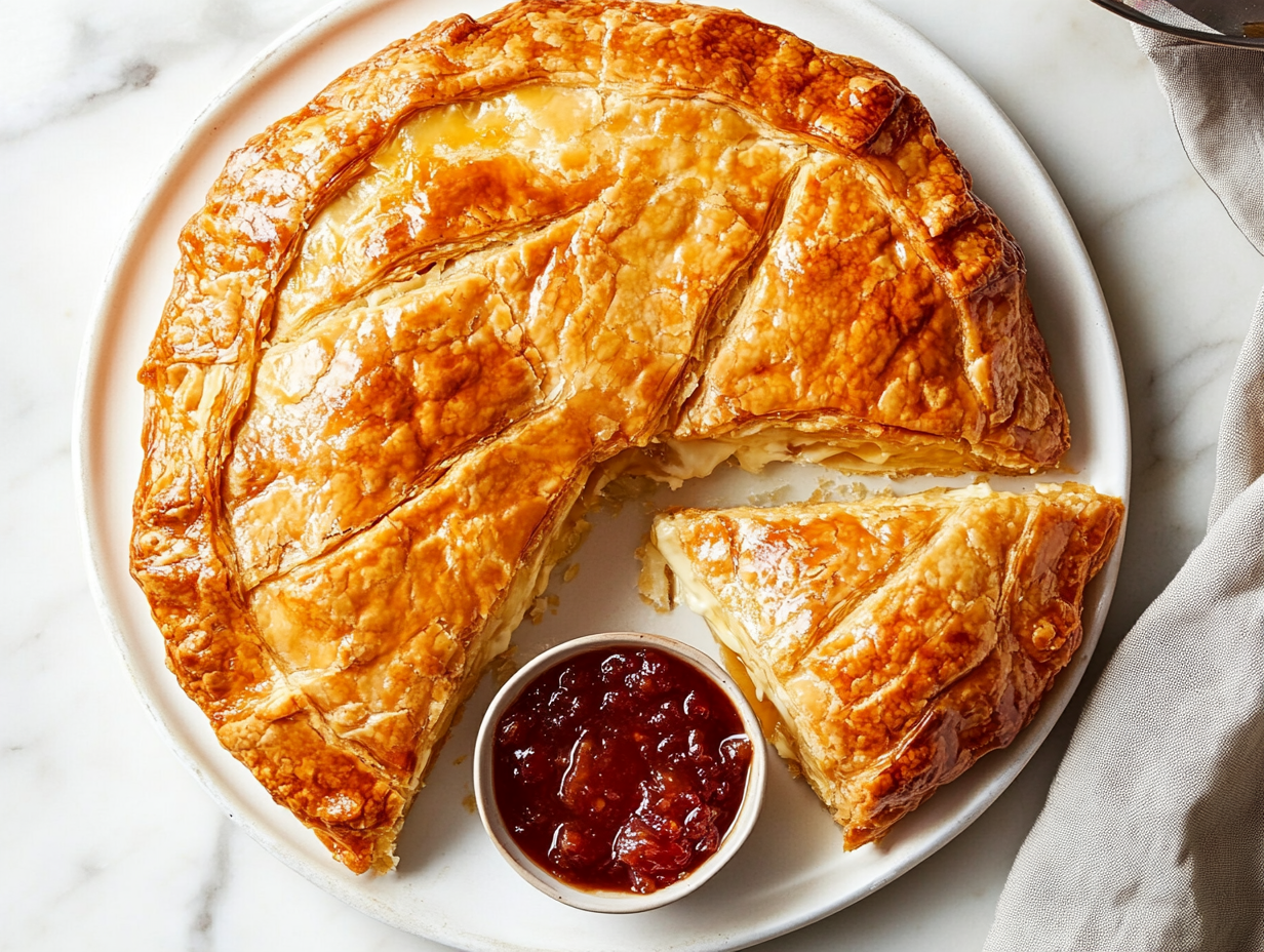 serving slices of camembert and chutney in golden puff pastry