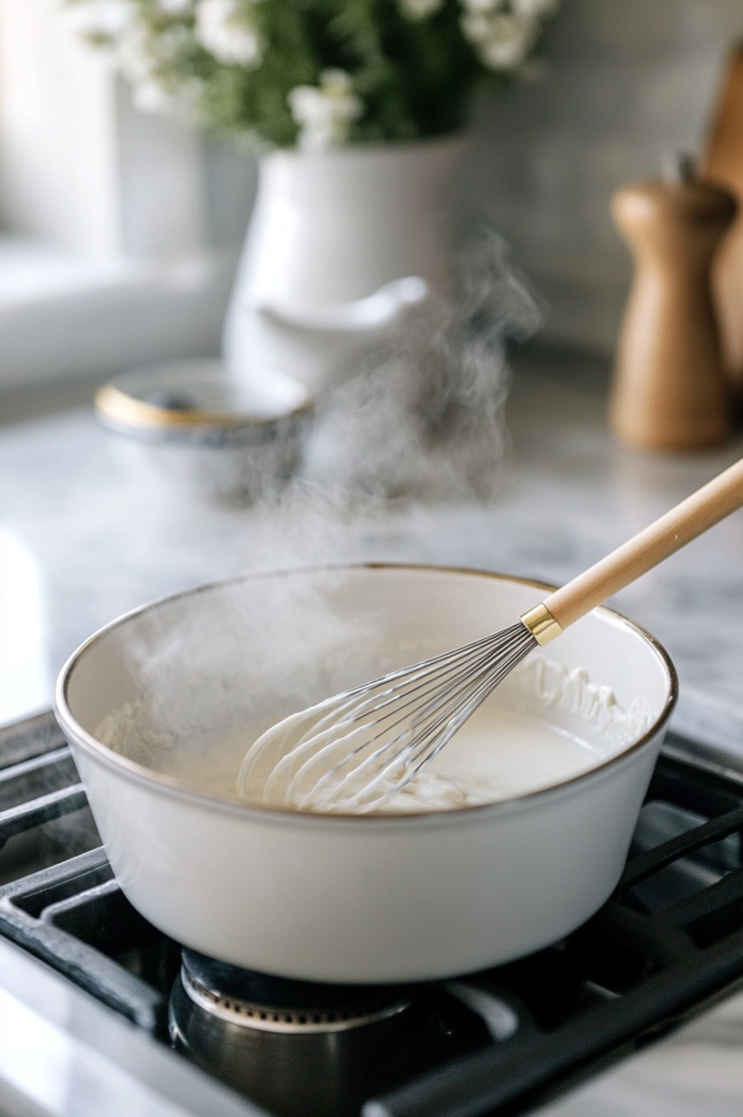 Gently heat the mixture over simmering water,