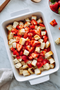 Add a layer of bread cubes, then spread half of the strawberries over them.