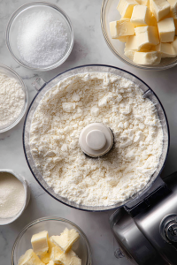 In a food processor, blend the flour with sugar and salt.