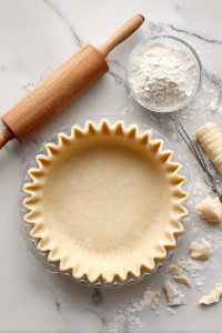 Fit the dough into a 9-inch glass pie plate, trim the overhang to 1/2 inch, fold the edge under, and crimp. Refrigerate until firm.