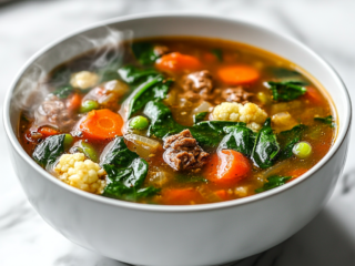 Close-up shot of a steaming bowl of keto vegetable soup served on the white marble cooktop, filled with a vibrant mix of tender cauliflower, green beans, carrots, spinach, and diced tomatoes in a rich, savory broth. The bowl is surrounded by subtle steam rising, showcasing the warmth and freshness of the dish.