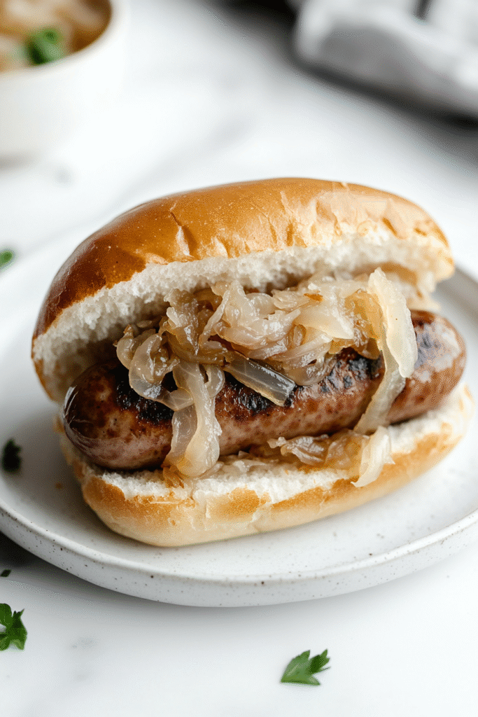 Bratwurst Burger with Beer Braised Onions & Kraut