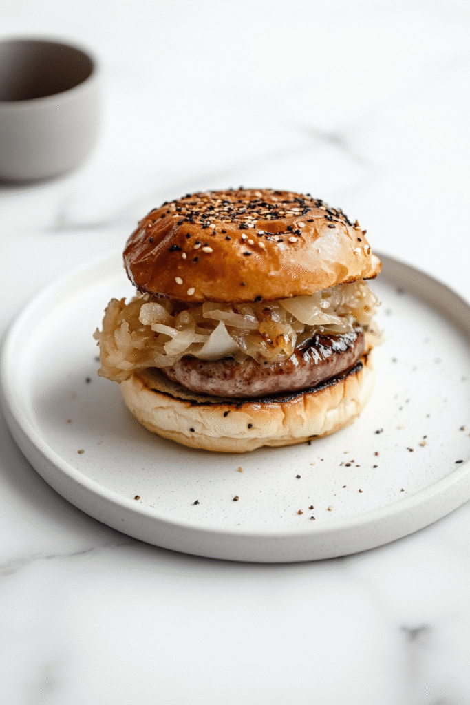 Bratwurst Burger with Beer Braised Onions & Kraut