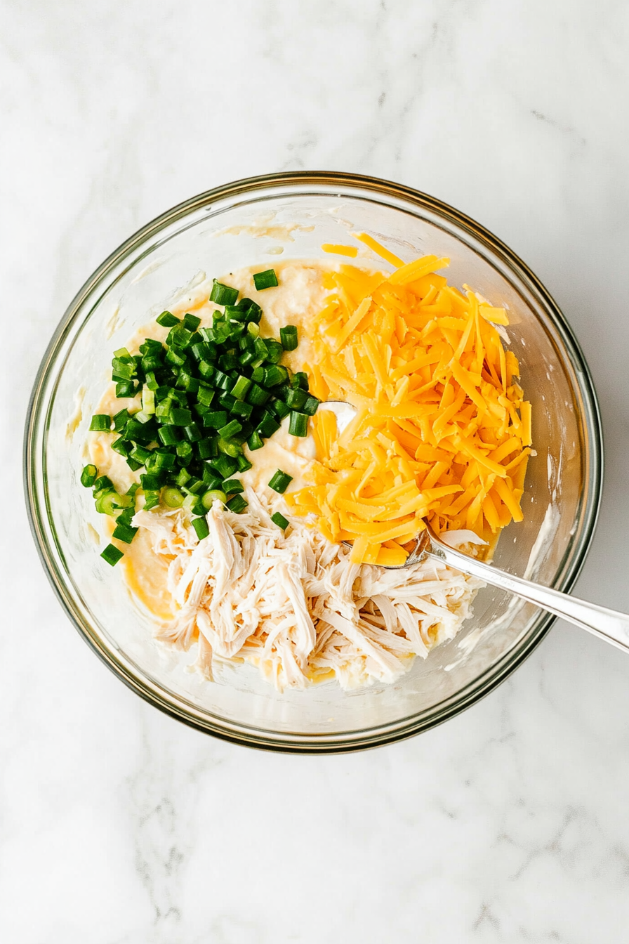Add shredded chicken, half the mozzarella, half the cheddar, and chopped green onions; mix well.