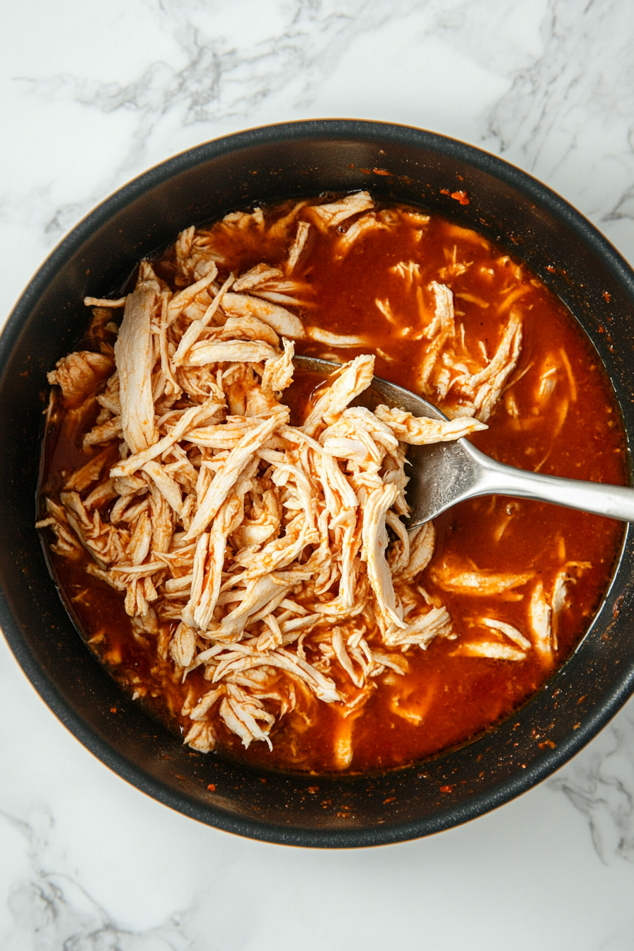 Added the shredded chicken to the pan and mix well, simmering for another 5 minutes until well-coated in the sauce.