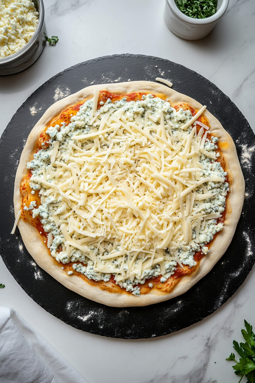 Sprinkle shredded mozzarella cheese on top of the dressing.