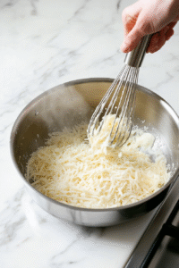 Add grated Parmesan cheese and continue whisking until sauce thickens.