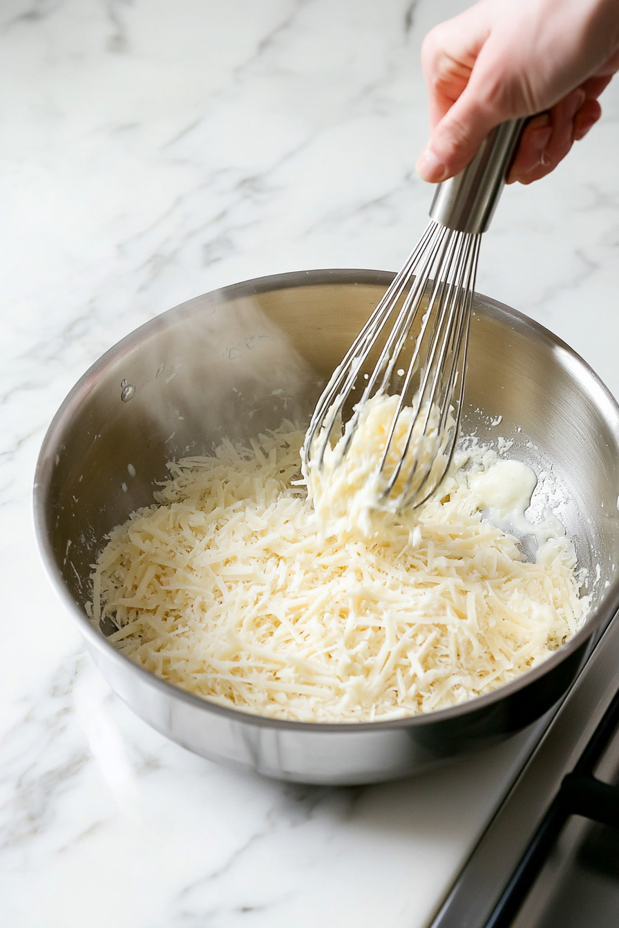 Add grated Parmesan cheese and continue whisking until sauce thickens.