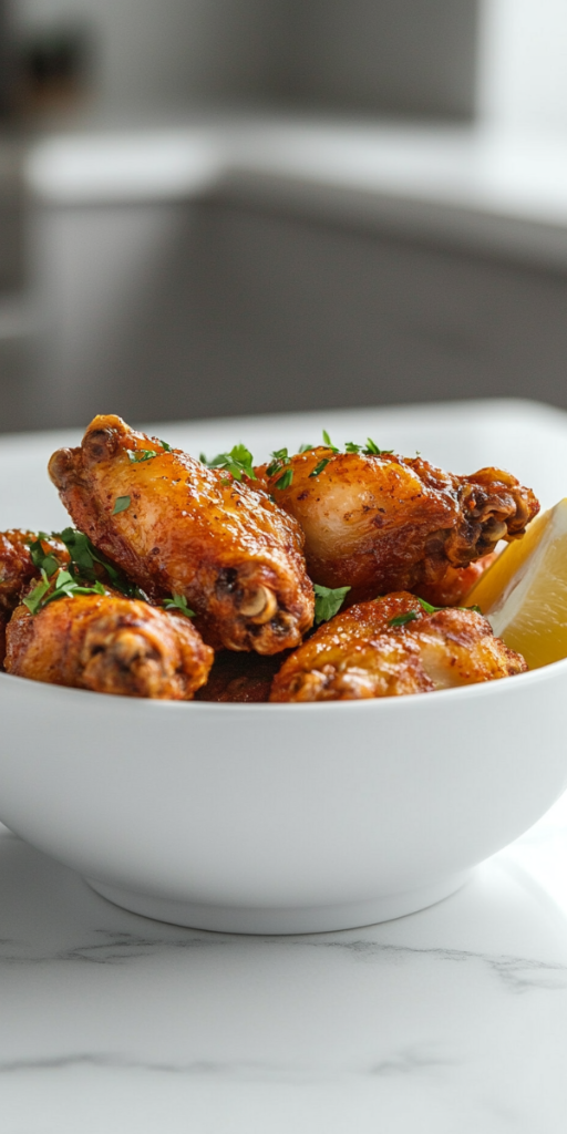 A top-down photo of perfectly cooked crispy chicken wings arranged in a white ceramic bowl on a clean white marble countertop. The wings are golden brown, garnished with finely chopped fresh herbs and a wedge of lemon. The image highlights the texture, color, and finished look of the air-fried wings, ready to serve.