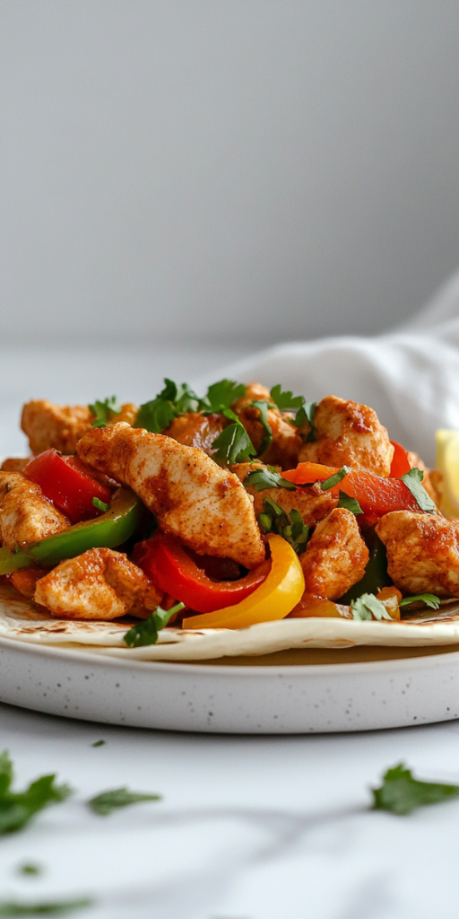 A top-down view of a vibrant plate of air-fried chicken fajitas on warm flour tortillas. The tortillas are filled with crispy chicken tenders, colorful red and green bell pepper strips, and caramelized onions. The plate is placed on a clean white marble countertop, showcasing a deliciously healthy meal ready to serve.