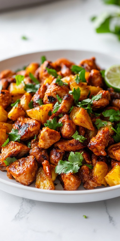 A beautiful Side view of the finished Al Pastor Chicken recipe, served on a white ceramic plate placed over a clean white marble countertop. The chicken is golden, slightly charred, and coated in rich spices, garnished with pineapple chunks and fresh herbs. This delicious dish captures the balance of smoky, sweet, and savory flavors.